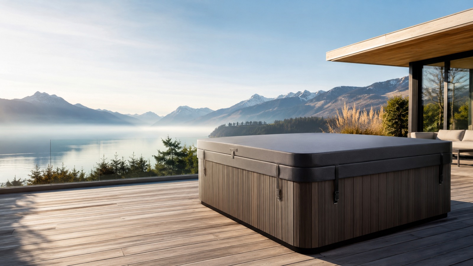 Whirlpool mit Abdeckung vor Bergpanorama