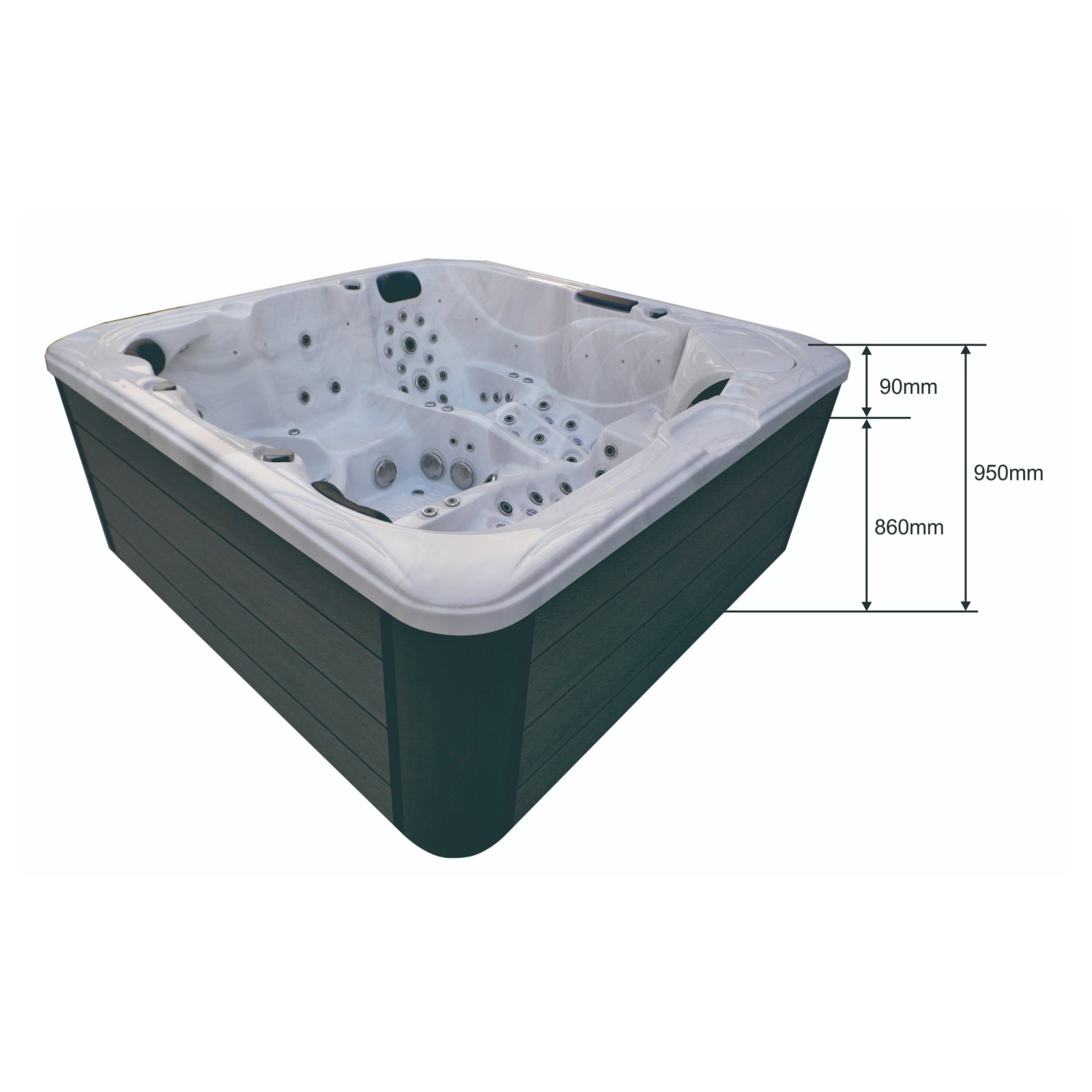New Palm Bay Pro Whirlpool – Masse 220 × 220 × 95 cm (Höhe 95 cm, davon 9 cm Rand)