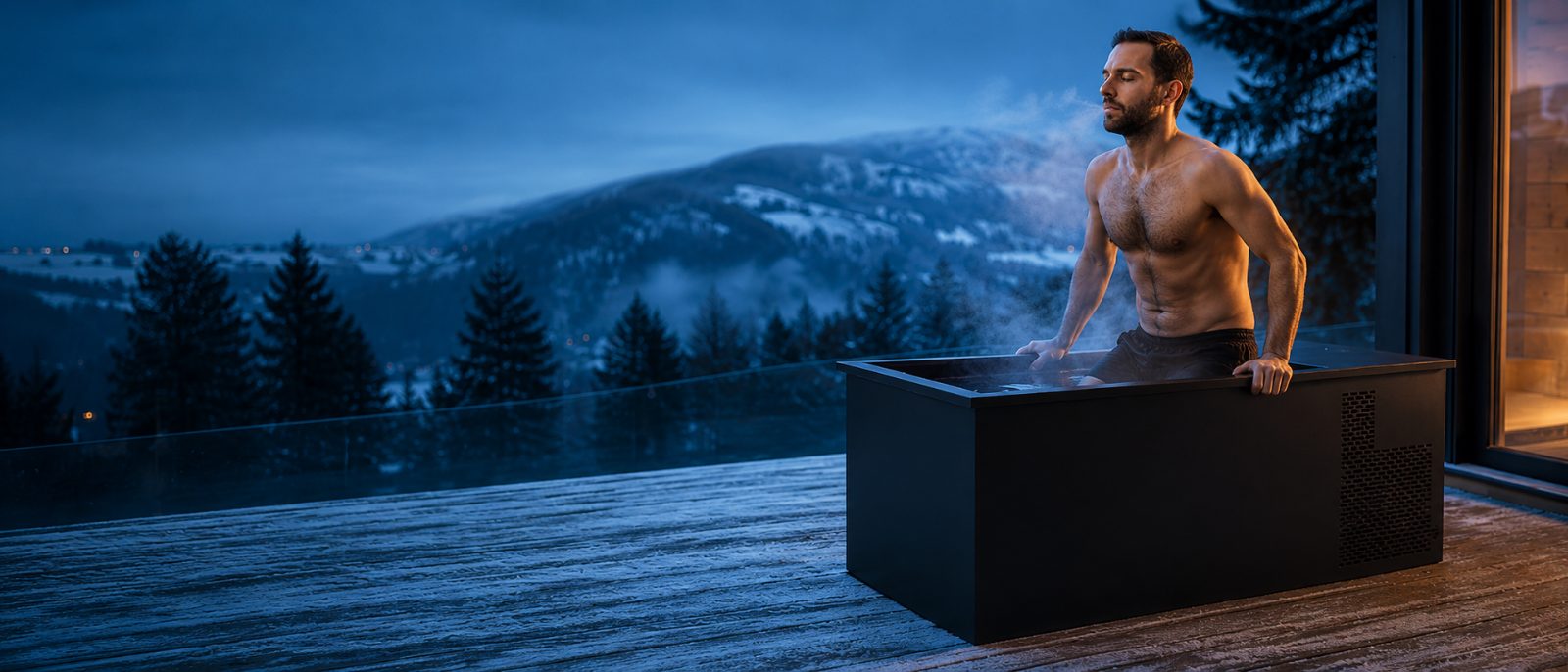 Mann in einem Eisbad vor winterlicher Bergkulisse