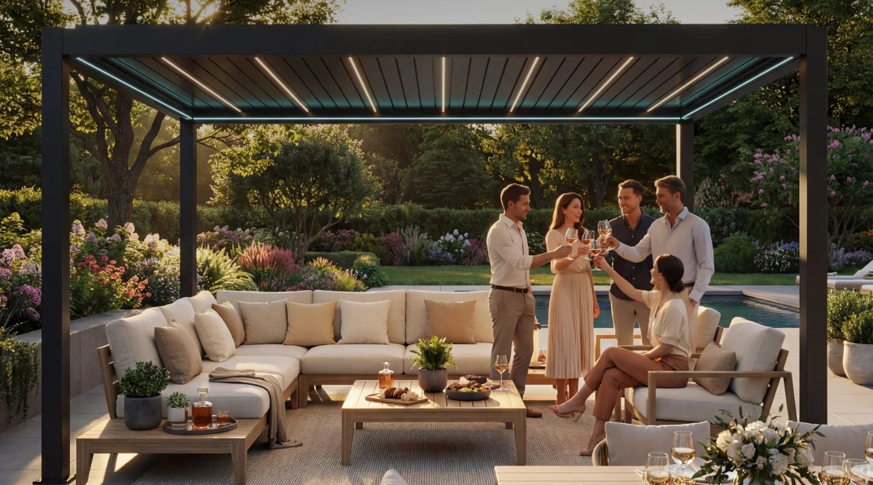SkyMax Ultra Aluminium-Pergola mit LED-Lamellen und Glas-Seitenwänden