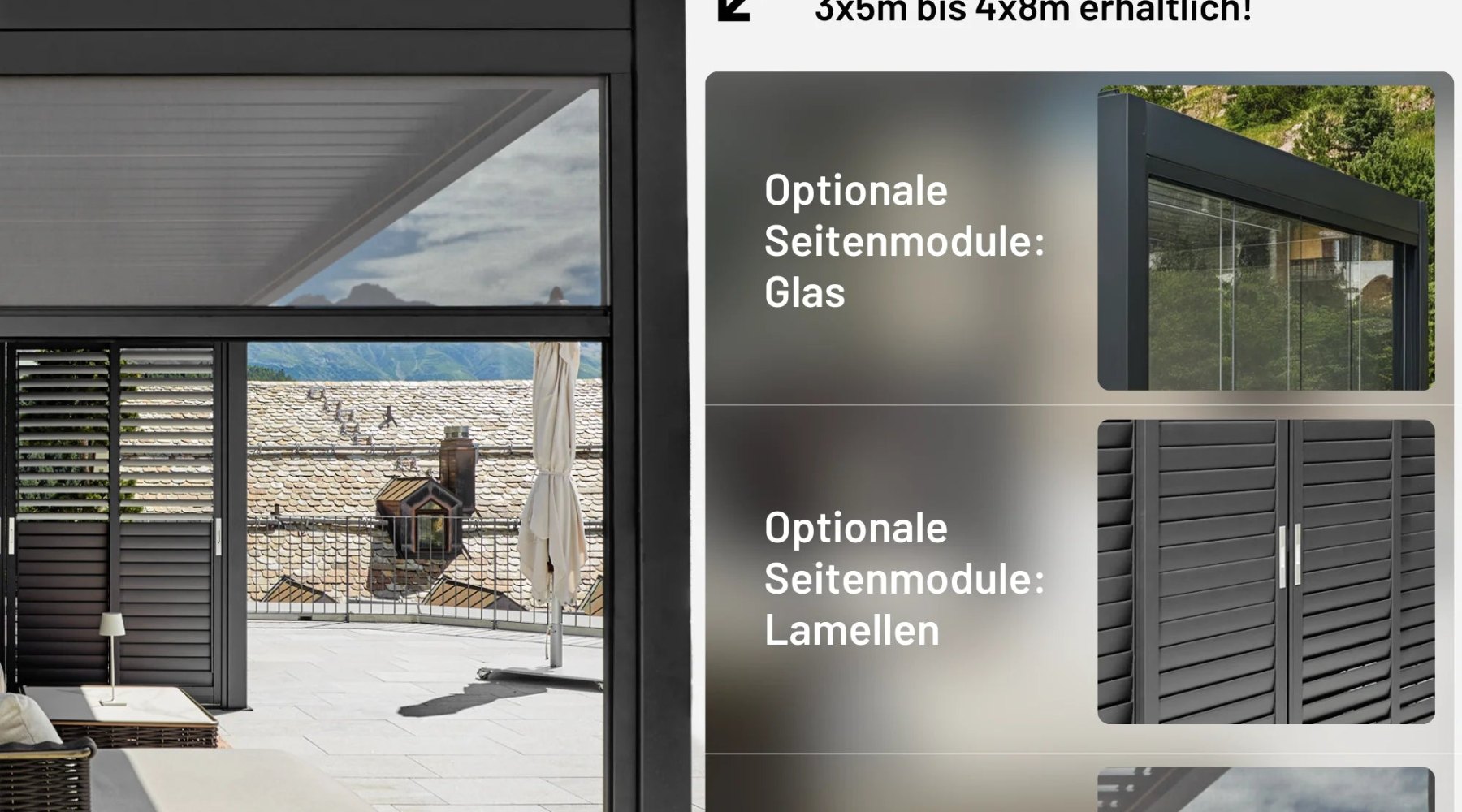 Sky Pergola mit Glas-Seitenwand, Lamellenwand und Seitenrollo
