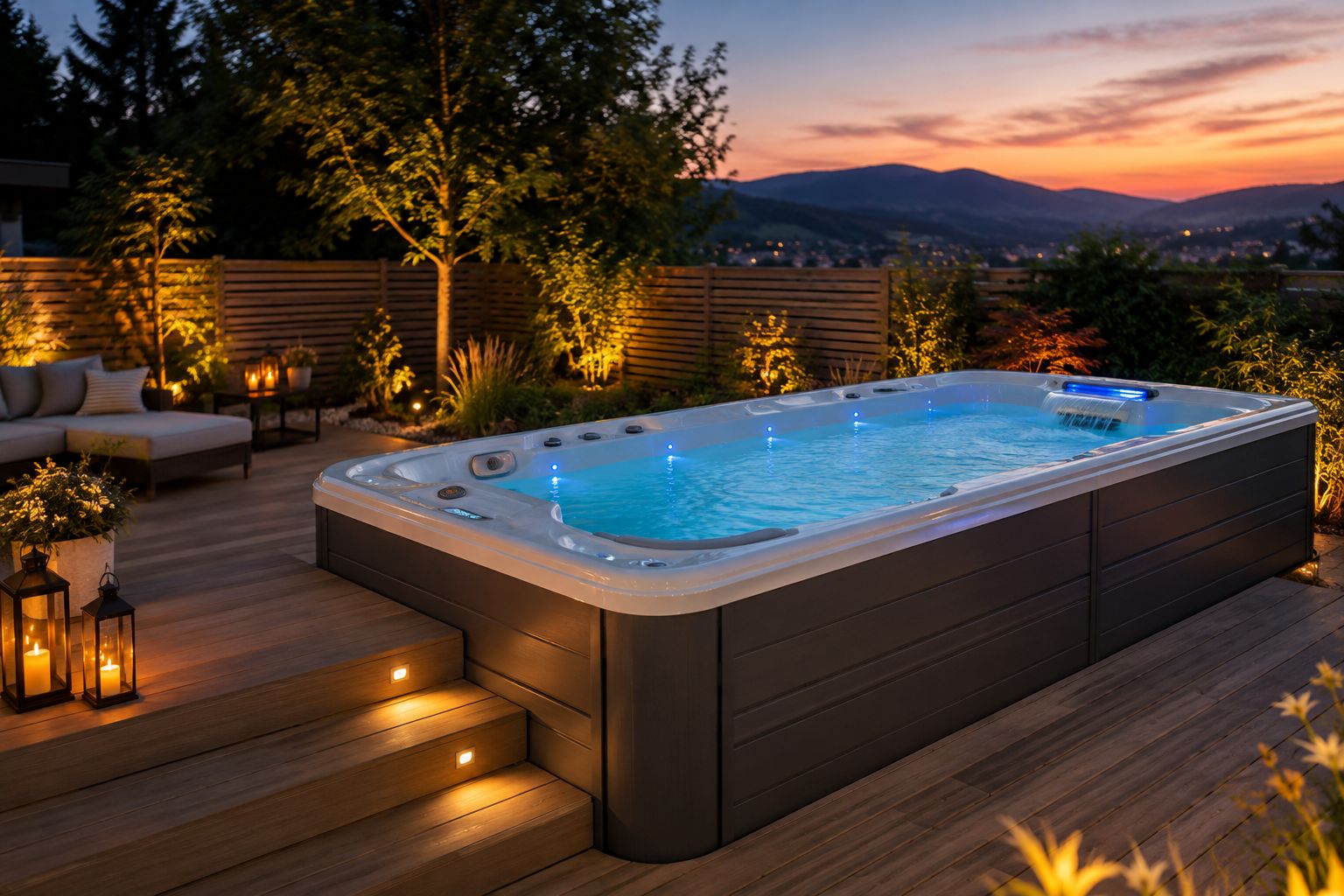 AquaSolus Whirlpool auf einer Terrasse in der Abenddämmerung