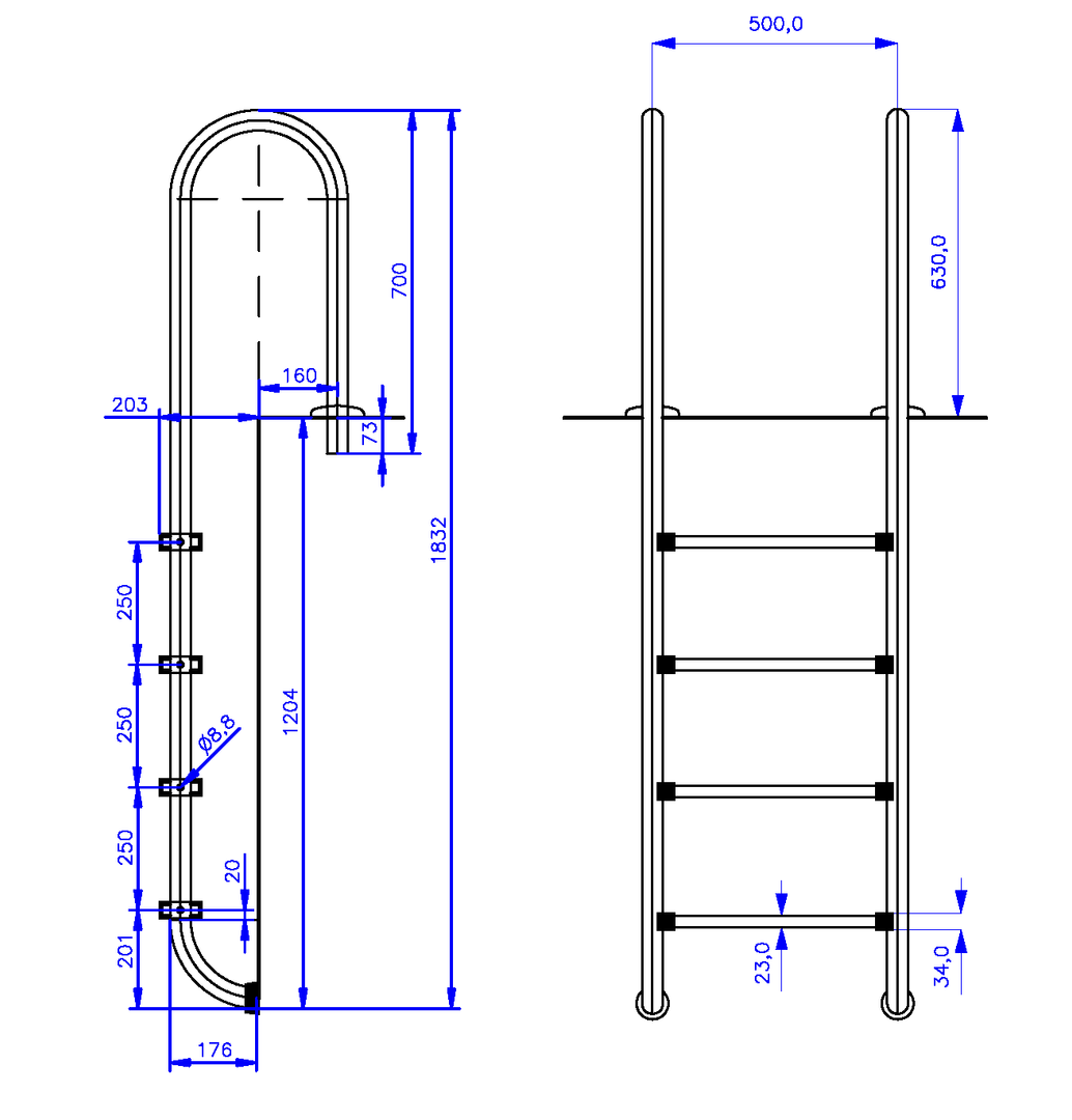 Tiefbeckenleiter 4-stufig