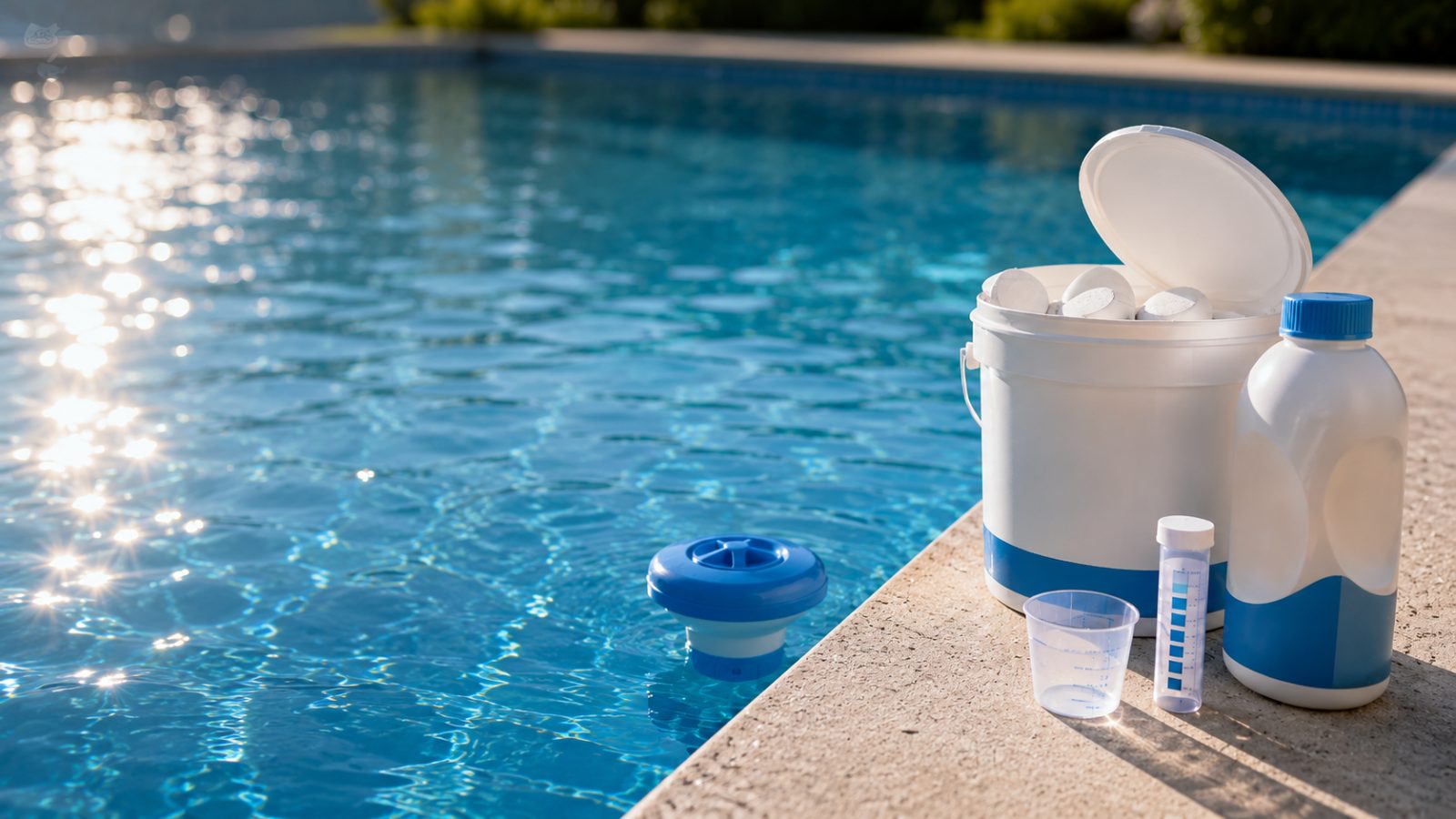 Chlortabletten, Dosierschwimmer und Teststreifen am Poolrand