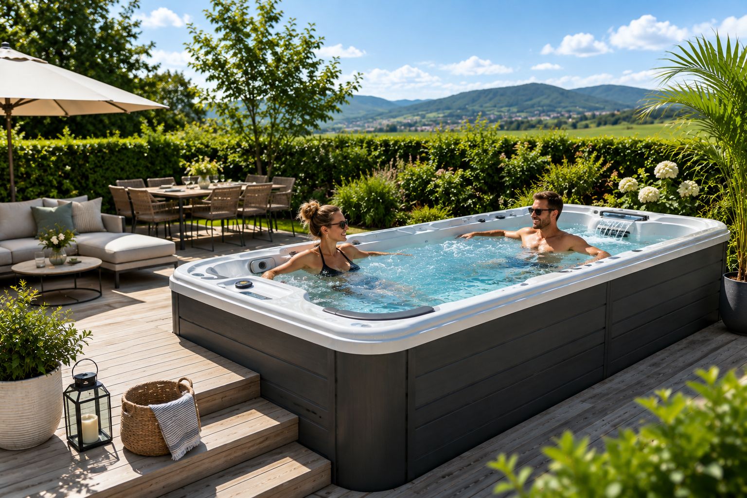Zwei Personen in einem AquaSolus Swimspa im Garten