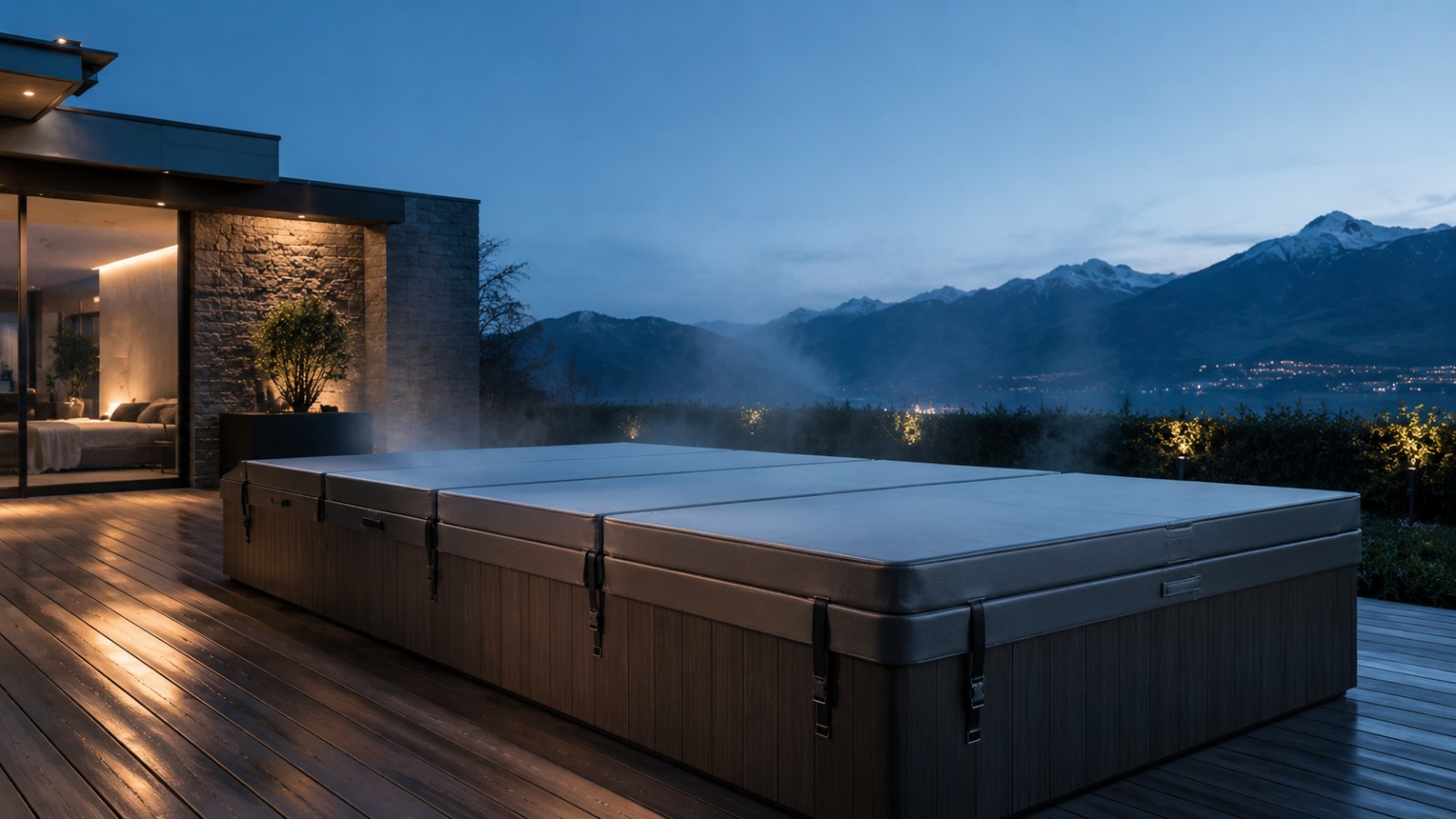 Swimspa auf einer Terrasse in der Dämmerung