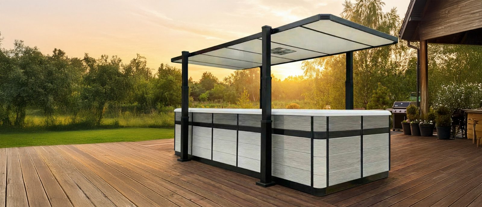 Pool mit Überdachung auf einer Holzterrasse